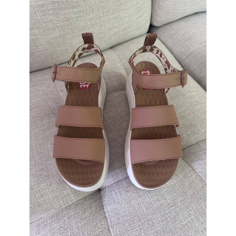 Hey Dude Wendy Rise Platform Sandals Tan Cow Print Slingback Womens US 11